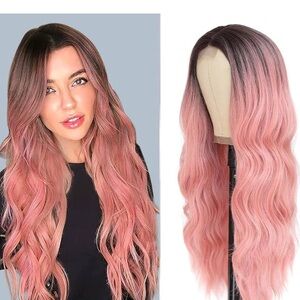 Long Pink Wavy Wigs for Women 26 Inch Curly Hair Wig  26'' Ombre Pink)